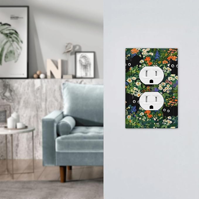 Funny Cartoon Cute Kid Black Cats 1 Gang Duplex Wall Plate Receptacle Outlet Covers Boho Aesthetic Green Floral Flower Forest Decorative Electrical Dual Device Light Switch Plug Socket Faceplate Cover