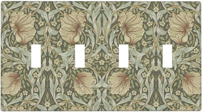 William Morris Pimpernel Flowers Quad Toggle Light Switch Cover Vintage Floral Green Botanical 4 Gang Wall Plate Decorative Electrical Switchplates Covers for Country Bedroom Home Décor