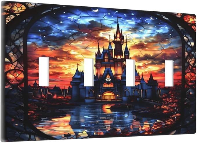 Medieval Fantasy Castle Magic Academy Light Switch Covers Quad Toggle Electrical Faceplate 4 Gang Wall Plate Decorative Switch Plates Cover for Kids Room Bedroom Decor