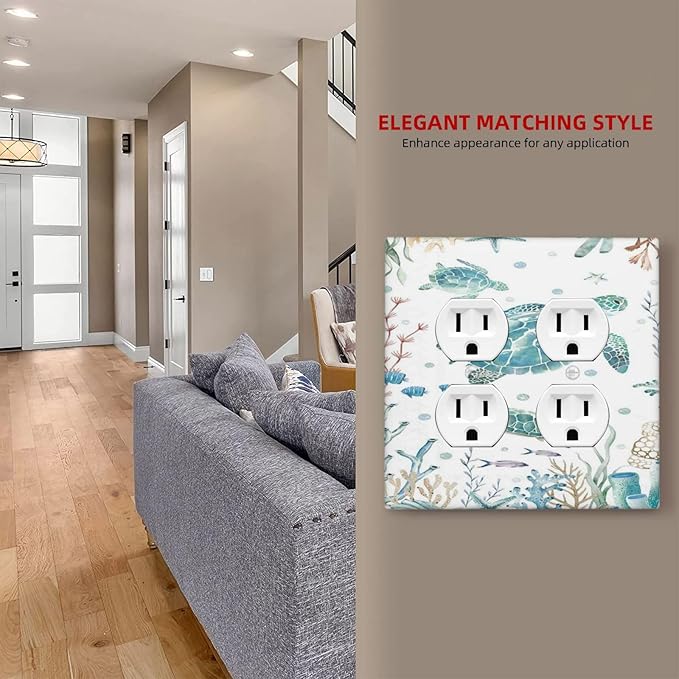 Sea Turtle Ocean Starfish Fish Coral Pearl Outlet Covers 2 Gang Double Duplex Decorative Light Switch Covers Electrical Wallplates Socket Faceplate for Bathroom Kids Room Decor