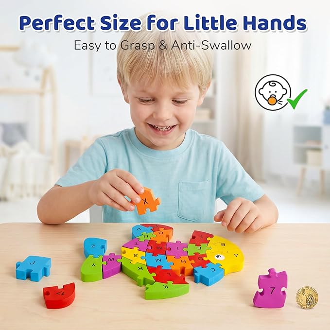 LovesTown Wooden Puzzles for Kids, Double Sided Goldfish Jigsaw with Alphabet & Numbers, Montessori Educational Toy for Toddlers, Chunky Animal Gift