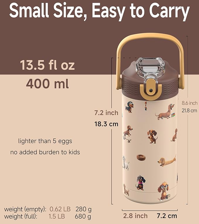 MYFOREST 14oz/400ml Insulated Kids Water Bottle, Odor-Free Surgical Grade Liner, Dishwasher-Safe, Name Spot, Soft Sipper, Gift for Dog Person (Beige. Dachshunds)
