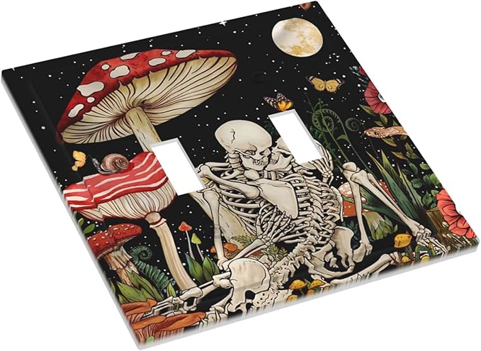 Mushroom Skull Skeleton Moon 2 Gang Double Toggle faceplate Decorative Light Switch Cover Star Plants Flora Electrical Switchplate Faceplate for Kitchen Bedroom Bathroom Standard Size