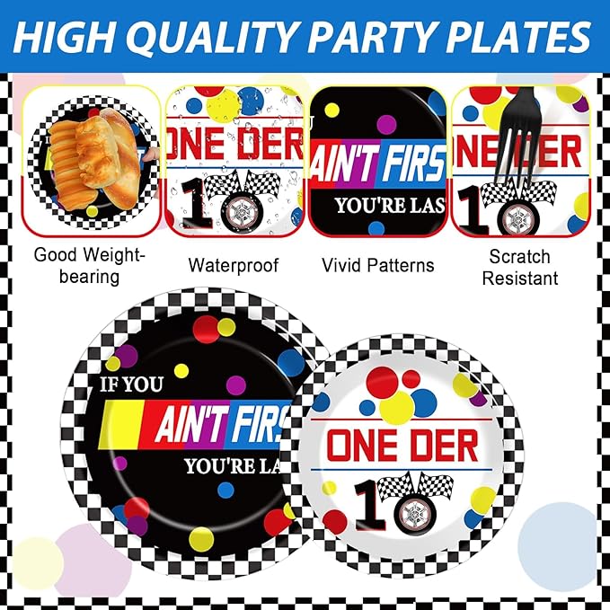 96 Pcs Race Car 1st Birthday Party Plates and Napkins Racing Cars First Birthday Decor Race Car One Year Old Dessert Cake Plates Racing Cars Theme Tableware Set for Kids Boy Party Decor 24 Guests