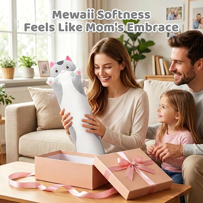 Mewaii 20” Long Cat Plush 5 Sizes, 120% Extra Filling Giant Plushness Kids Body Pillow, Kawaii Cute Grey Cat Stuffed Animals Plushies, Big Long Body Pillow Cat Plush Gift for Girls 20”