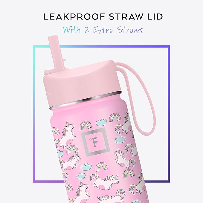 IRON °FLASK Kids Water Bottle - Straw Lid, 20 Name Stickers, Vacuum Insulated Stainless Steel, Double Walled Tumbler Travel Cup, Thermos Mug - Stardust Unicorns, 10 Oz