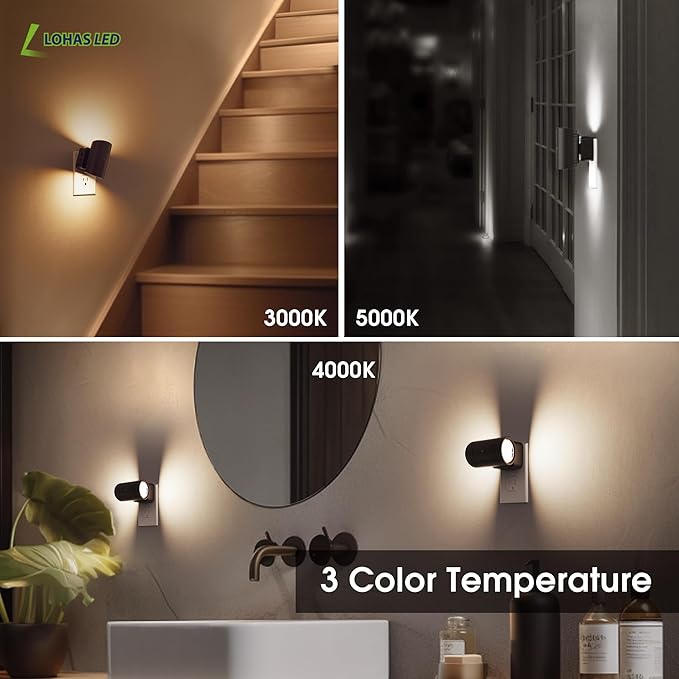 L LOHAS LED Night Light, Dimmable Night Lights Plug into Wall,2 Pack 3CCT Nightlight for Kids,180° Rotatable, 3000K/4000k/5000K Adjustable Night Lights with Dusk to Dawn Sensor for Bedroom Bathroom