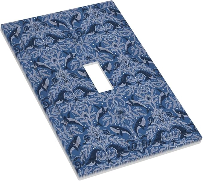 Blue Modern Nautical Art Whale Fish Ocean Damascus Decorative Light Switch Cover 1 Gang Single Toggle Device Electrical Faceplate Switchplates Decorator Outlet Wall Plate for Bedroom Living Room Decor