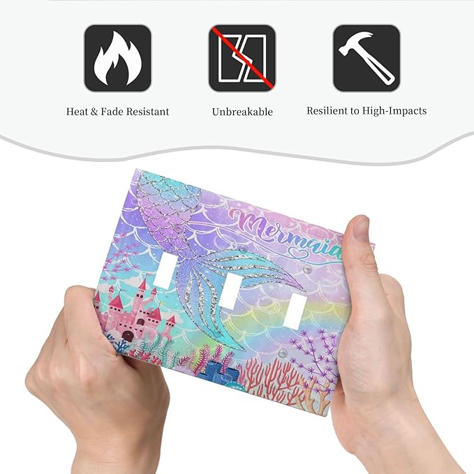 Silvery Glitter Cute Mermaid Tail Fantasy Castle 3 Gang Light Switch Covers Triple Toggle Wall Plate Decorative Switchplate Electrical Faceplate for Kidroom Nursery Bedroom Kitchen Decor