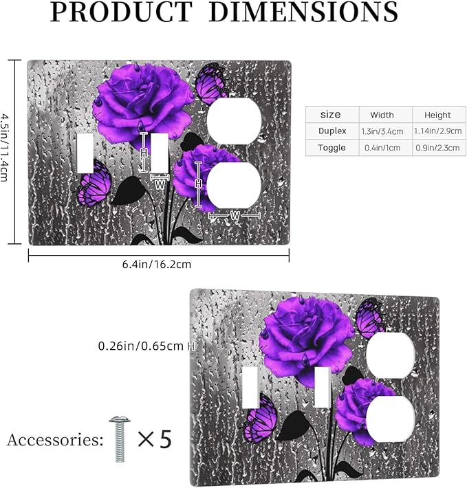 Purple/Gray Blossom Flowers Rose Butterfly Valentine Day 3-Gang 2-Toggle 1-Duplex Device Combination Wall Plate Decorative Combo Double Toggle/Single Duplex Receptacle Outlet Light Switch Cover Plate