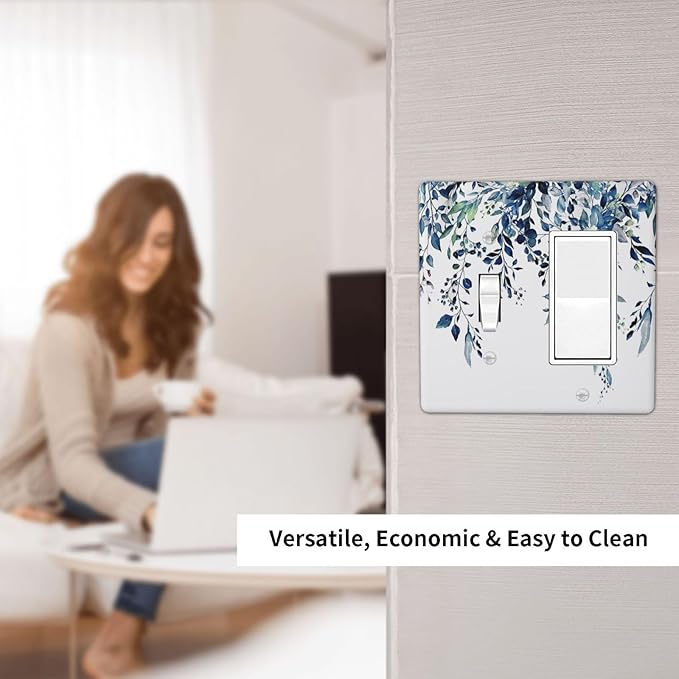Blue Eucalyptus Watercolor Leaves 2 Gang Single Toggle Rocker Combination Light Switch Cover Green Plant Decorative Wall Plate Cover Electrical Faceplate for Bathroom Bedroom Kitchen Decorate