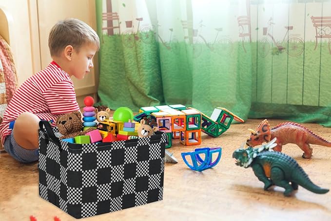 Essme Rectangular Boys Basket,Kids Storage Basket with Handles for Room Decor,Car Storage Bin（Black grid）