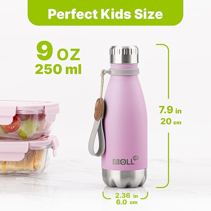 Small Water Bottle 9 oz Kids Water Bottle for School Stainless Steel Insulated Vacuum Metal Leak Proof Cola Shape Mini Water Bottle for Boys Girls(Pink Purple)