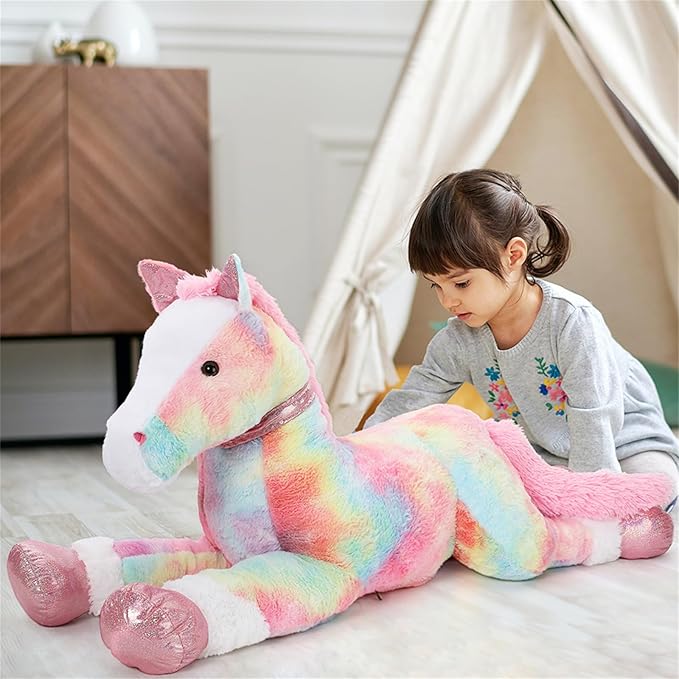 Tezituor 47 Inch Large Horse Stuffed Animal Toy, 4ft Tie-Dye Pink Horse Pony Plush Toy, Hugging Giant Soft Horse Plush Pillow for Kids Adult