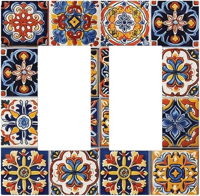 Mexican Talavera Tiles Flower Vintage Decorative Outlet Covers 2 Gang Double GFCI Rocker Electrical Wall Panels Light Switch Cover Plate for Kitchen Bathroom Decor