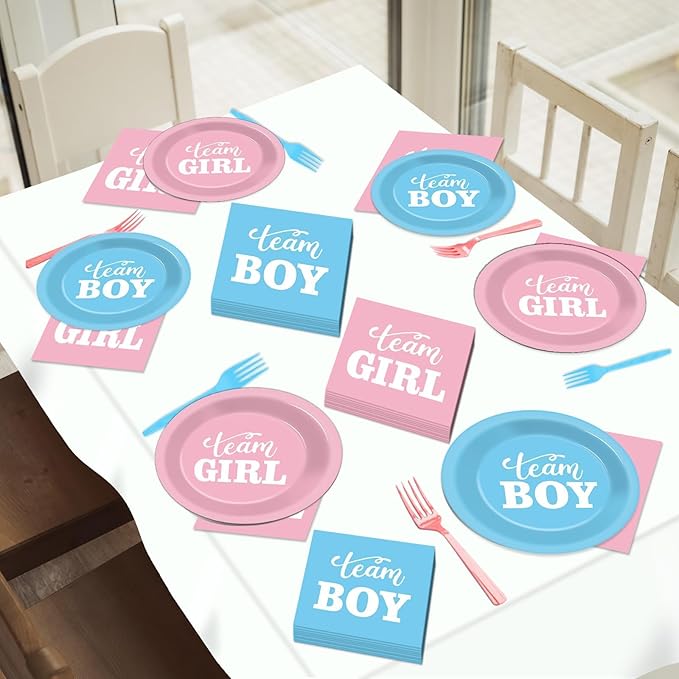 200pcs Gender Reveal Plates Napkins Gender Reveal Paper Tableware Set Blue and Pink Cake Dessert Disposable Dinnerware Boys Girls Party Decoration for Baby Shower Birthday Decor Supplies Serves 50