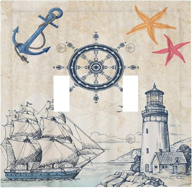Nautical Sailboat Beach Anchor Pirate Beacon Ocean Double Toggle Light Switch Covers Decorative 2 Gang Wall Plate Electrical Faceplate Switchplate for Farmhouse Bathroom Bedroom Living Room Decor