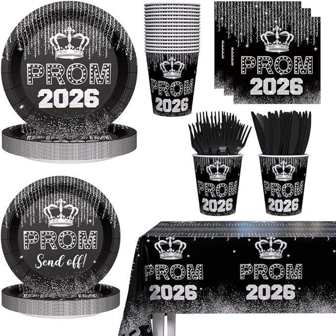 AIBIIN 145PCS Prom Send Off Decorations 2026 Black and Silver Prom Paper Plates Cups and Napkins Sets 2026 Graduation Party Supplies Disposable Tableware Set with Tablecloth Serves 24 Guests