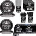 AIBIIN 145PCS Prom Send Off Decorations 2026 Black and Silver Prom Paper Plates Cups and Napkins Sets 2026 Graduation Party Supplies Disposable Tableware Set with Tablecloth Serves 24 Guests