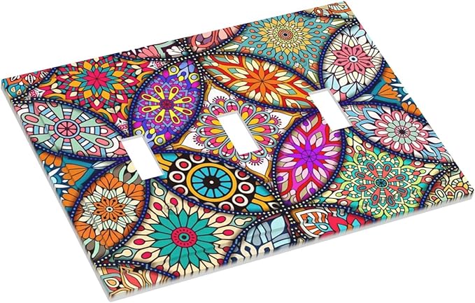 Bohemian Triple Toggle Light Switch Cover Decorative 3 Gang Wall Platescolorful Vintage Floral Mandala Flower Electrical Faceplate for Decor Bathroom Kitchen Bedroom