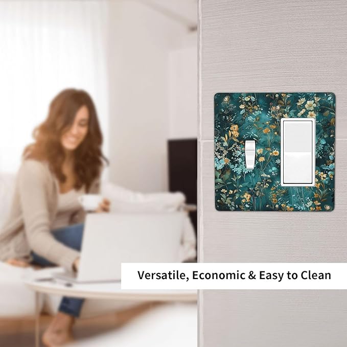 Outlet Covers Green Leaf Floral Boho Golden Flower Plant 1 Toggle 1 Rocker Combination Decorative Wall Plate Electrical Switch Plates Light Switch Cover Plate For Bed Room Cabin Decor