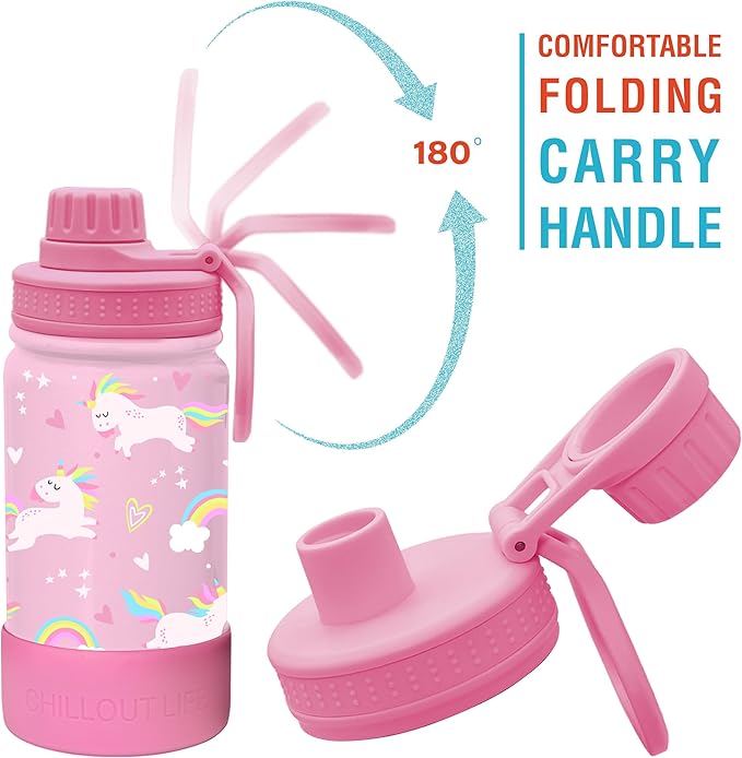 CHILLOUT LIFE 12 oz Kids Insulated Water Bottle for School with Leakproof Spout Lid and Cute Waterproof Stickers, Personalized Stainless Steel Thermos Flask Metal Water Bottle, Pink Unicorn