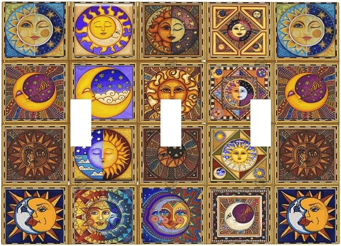 Mexican Talavera Tiles Star Pattern Celestials Theme Print Decorative Switch Plates 3 Gang Wall Plate Triple Toggle Light Switch Cover Faceplate Electrical Wall Panels for Kitchen Home Decor