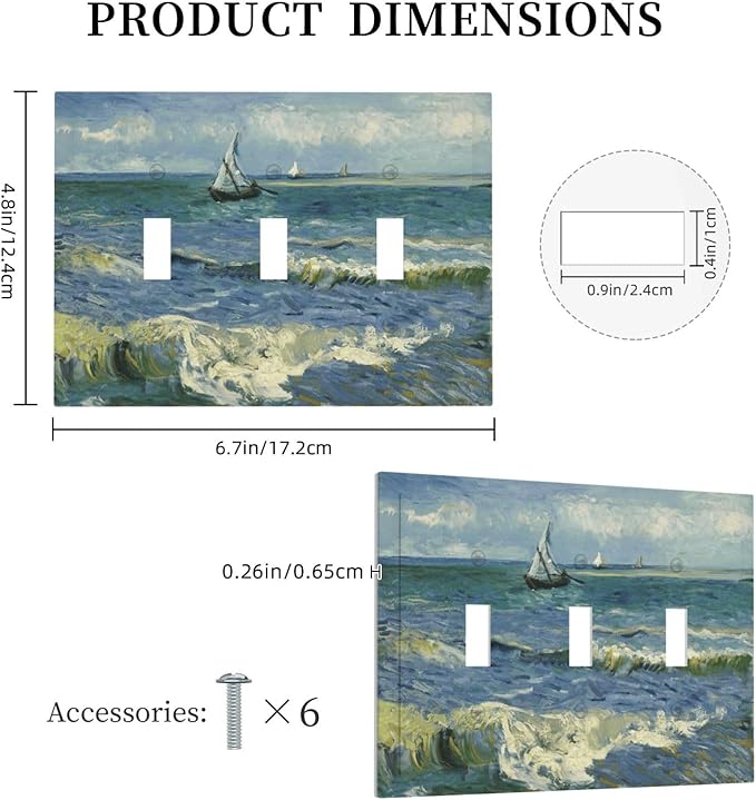 Nautical Ocean Waves Sailboat Painting Blue Sky Decorative Switch Plates 3 Gang Wall Plate Triple Toggle Light Switch Cover Faceplate Electrical Wall Panels for Bathroom Bedroom Decor
