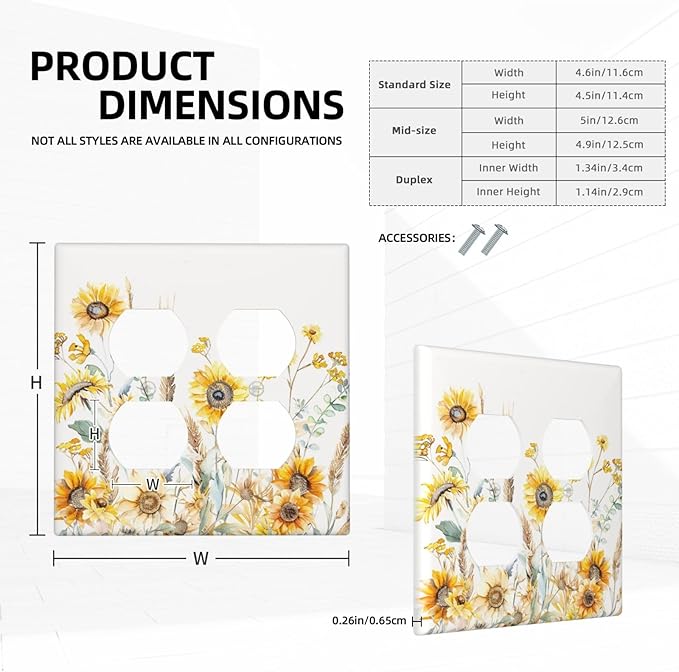 Yellow Floral Sunflowers Wheat Ears Watercolor Wild Flowers Outlet Covers 2 Gang Double Duplex Decorative Light Switch Covers Electrical Wallplates Socket Faceplate for Bedroom Living Room Decor