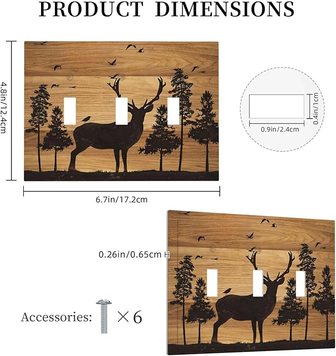 Elk Moose Forest Hunting Pyrography Art Wood Texture Print Decorative Switch Plates 3 Gang Wall Plate Triple Toggle Light Switch Cover Faceplate Electrical Wall Panels for Farmhouse Bedroom Decor