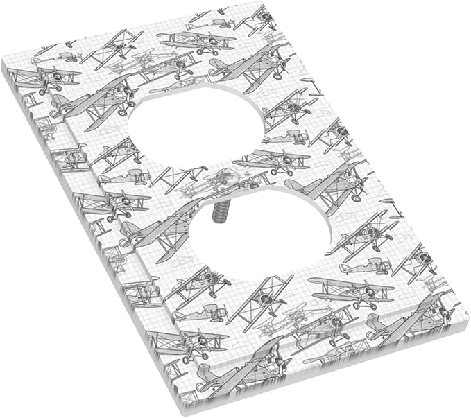 Vintage Biplane Duplex Wall Plate - 1-Gang Standard US Size Aviation Blueprint Grid Outlet Covers, Retro Pilot Dream for Boys Room