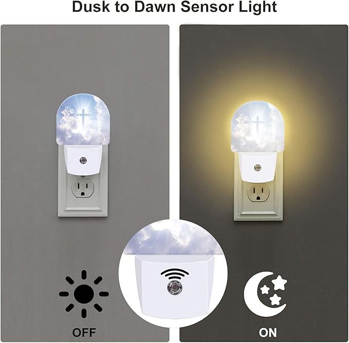 Shining Cross on Blue Sky Night Light for Kids,Christian Cross and Clouds Plug in Night Light with Dusk to Dawn Sensor, 0.5w Energy Saving Nightlight for Hallway Stairway Kitchen Bedroom