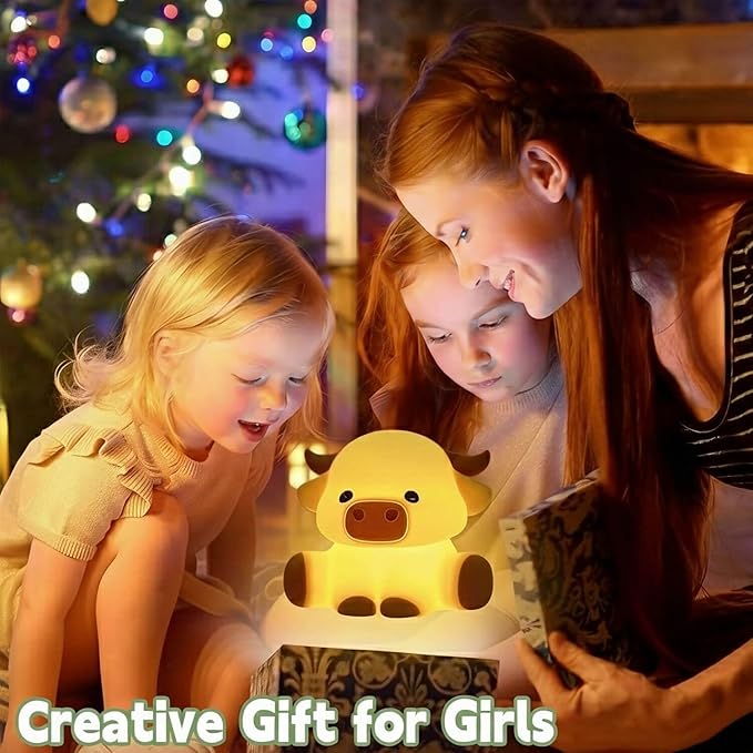 Cattle Night Light for Kids, Squishy Silicone 3-Level Dimmable Touch Control Cute Nightlight with Timer, Portable USB Rechargeable Nursery Pink Night Lamp Gifts for Baby, Toddler Room Decor