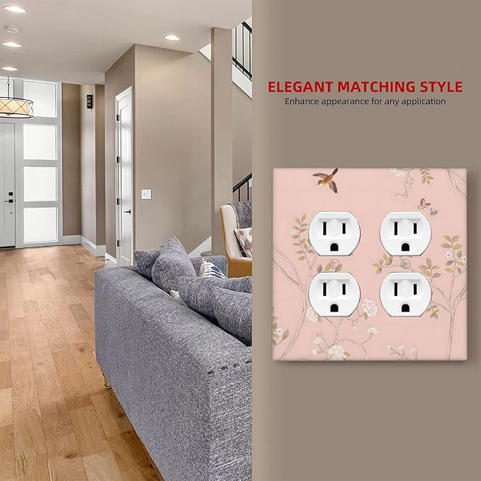 Pink Background Flowers Bird Butterflies Floral Outlet Covers 2 Gang Double Duplex Decorative Light Switch Covers Electrical Wallplates Socket Faceplate for Bedroom Living Room Decor