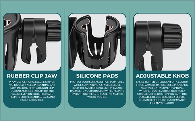 Universal, Stroller, Sturdy, Cup and Cell Phone Holder, All Black, 2-in-1, for Carriages, Walker, Wheelchairs, Rollator, Scooters & Bike Phone & Cupholder Organizer - Easy to Install