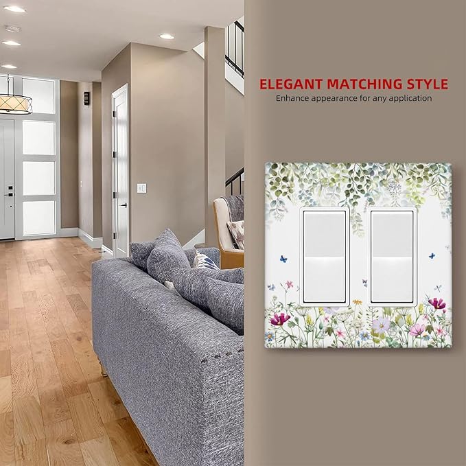Green Floral Leaves Light Switch Cover Decorative Wild Flower 2 Gang Rocker Toggle Wall Plate Electrical Switchplate Faceplate for Bathroom Kitchen Bedroom