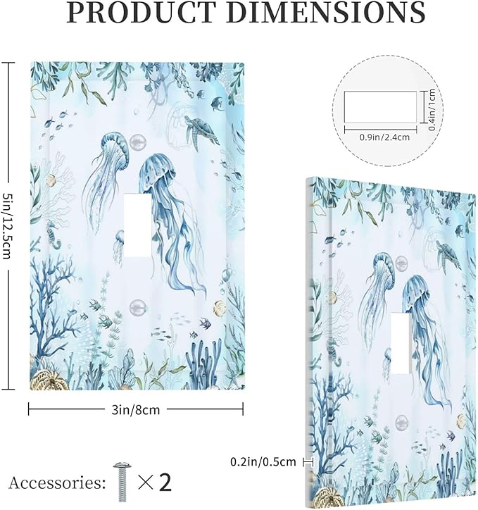 Decorative Light Switch Cover Jellyfish Teal Blue Ocean Turtle Coastal Beach 1 Gang Single Toggle Decorator Outlet Wall Plate Device Electrical Faceplate Switchplates for Bedroom