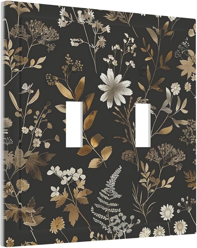 Decorative Switch Plates Black Gold Floral Dark Leaves Vintage Flowers 2 Gang Double Toggle Outlet Light Switch Cover Wall Plate Electrical Faceplate for Bed Room Home Decor