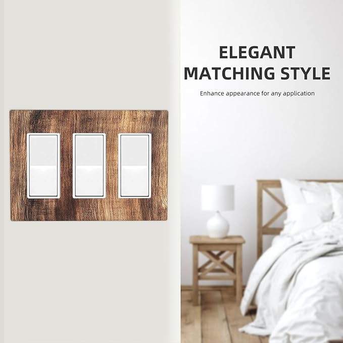 Light Switch Covers Vintage Rustic Brown Wood Grain 3 Gang Rocker Electrical GFCI Decorative Triple Outlet Wall Plate Cover Switchplate for Bedroom Farmhouse Decor