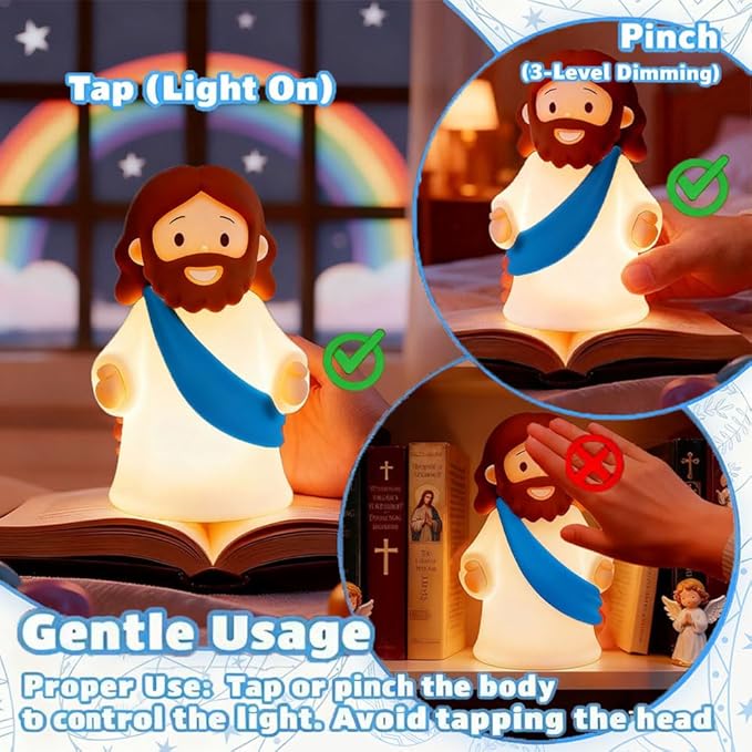 Jesus Night Light Rechargeable Bedside Night Light Dimmable Silicone LED Light Ideal for Religious Gatherings, Gifts for Sunday School, Baptism Presents, Easter Egg Decorations (blue) (Blue)