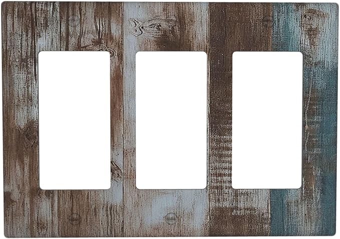 Vintage Blue Brown Wood Grain Light Switch Covers 3 Gang Rocker Decorative Triple Outlet Wall Plate Cover Switchplate Electrical Gfci for Bedroom Farmhouse Decor