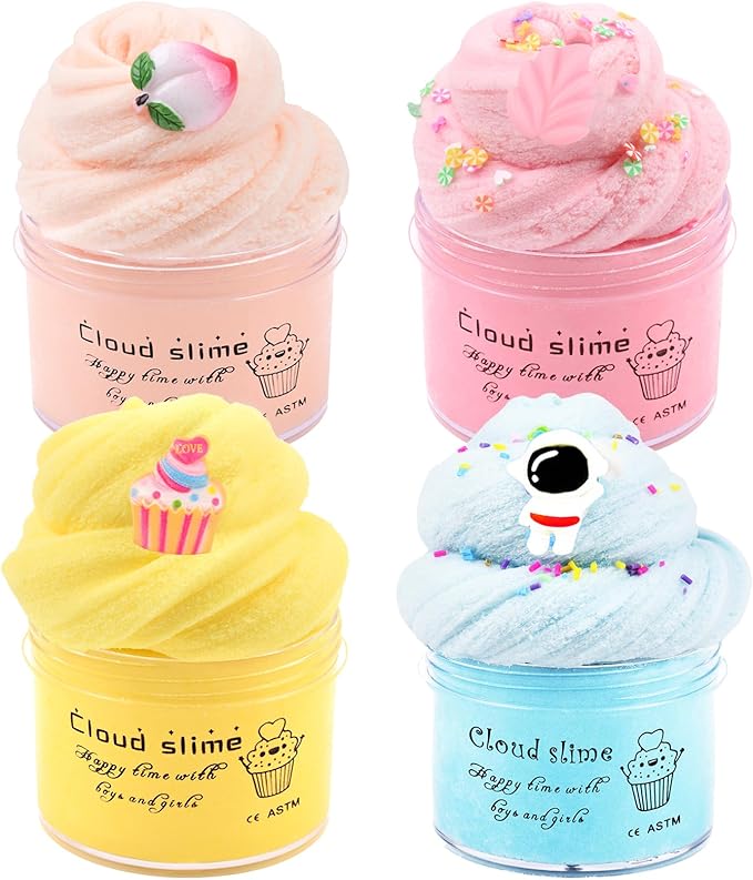 4 Pack Cloud Slime Kit, Soft and Non-Sticky, Girls and Boys DIY Stress Relief Toy, for Kids Party Favor, Birthday Gift