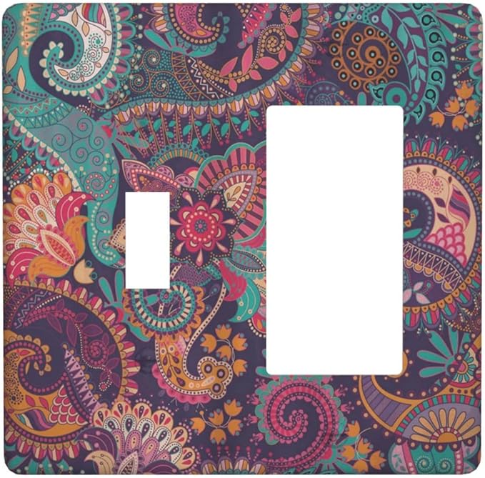 Mandala Boho Paisley Purple Floral Colorful Flower Outlet Covers 1 Toggle 1 Rocker Combination Decorative Wall Plate Electrical Switch Plates Light Switch Cover Plate for Home Bedroom Decor