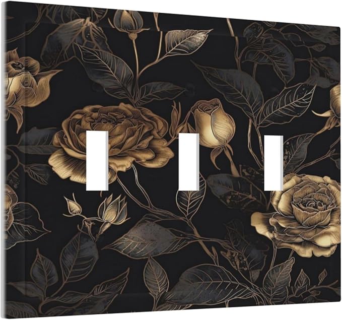 Black Floral Dark Vintage Gold Rose Flower Decorative Switch Plates 3 Gang Wall Plate Triple Toggle Light Switch Cover Faceplate Electrical Wall Panels for Bedroom Living Room Decor