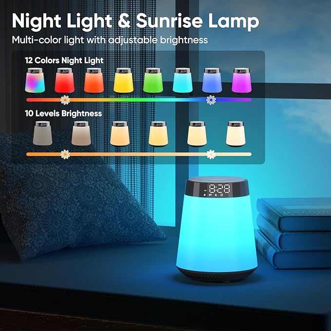 Sunrise Alarm Clock with Wake Up Light & White Noise Machine - 21 Soothing Sounds, 12 Color Dimmable Night Lights, Bluetooth Speaker, Digital Clock for Heavy Sleepers Adults/Kids