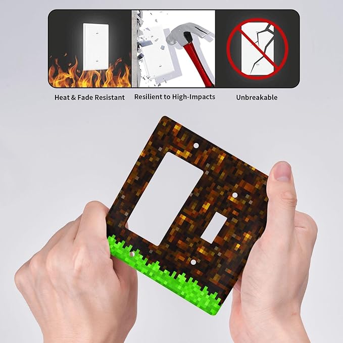 Light Switch Cover Pixel Grass Block 2 Gang Toggle Rocker Combo Socket Cover Wall Plates Decorative Switch Plates and Outlet Covers for Kids Room Home Decor