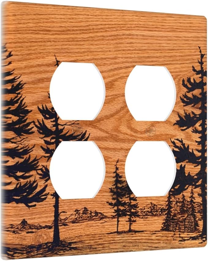 Pine Forest Natural Scenery Silhouette Wood Grain Outlet Covers 2 Gang Double Duplex Decorative Light Switch Covers Electrical Wallplates Socket Faceplate for Farmhouse Home Decor