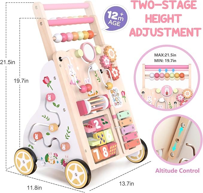 Wooden Baby Walker, Push Walker with Wheels, Montessori Activity Center Walker for Toddlers 12+ Months, Adjustable Height & Speed Learning Walking Toy for 1 Year Old Boys and Girls (Pink)