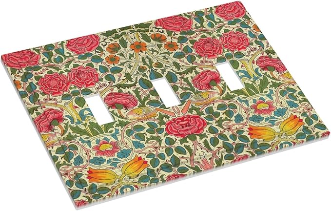 William Morris Roses Floral 3 Gang Light Switch Cover VintageTulip Flower Plant Bird Triple Toggle Wall Plate Decorative Electrical Switchplates for Country Bedroom Living Room Decor