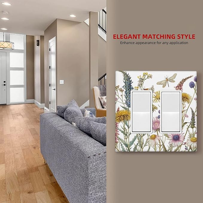 Light Switch Cover Plate Botanical Wildflowers Dragonfly Colorful Floral 2 Gang Double Rocker Outlet Covers Decorative Switch plates Electrical Wall Plates GFCI Receptacle for Bathroom Bedroom